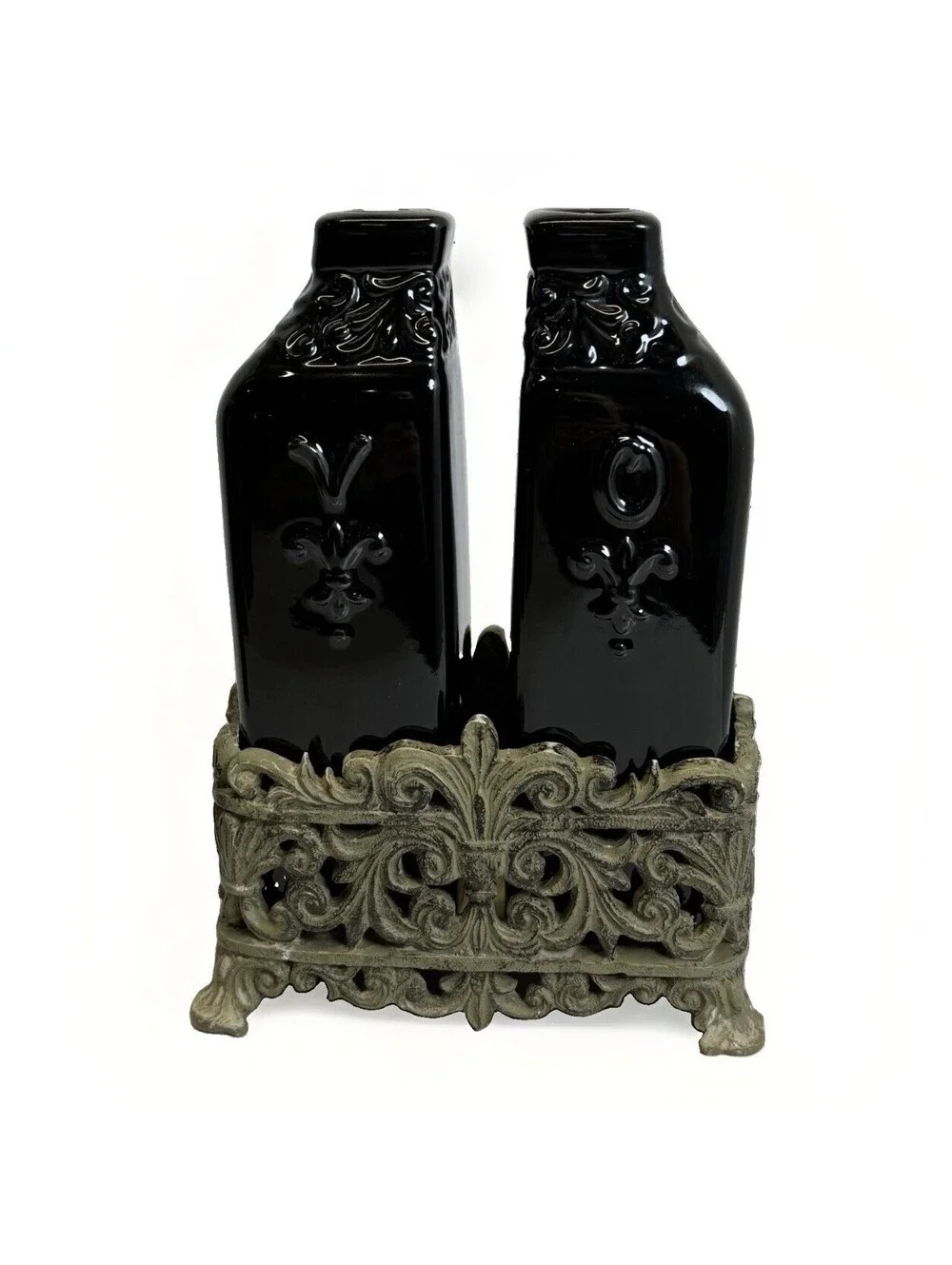 Drake Design Onyx Black Pill And Vinegar Set Tuscan Scroll Fleur De Lis Base